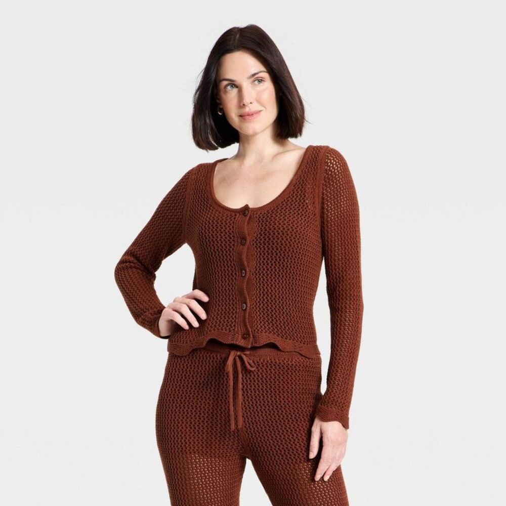 Women's Long Sleeve Button-Up Scalloped Hem Crochet Cardigan Sweater -  Brown S